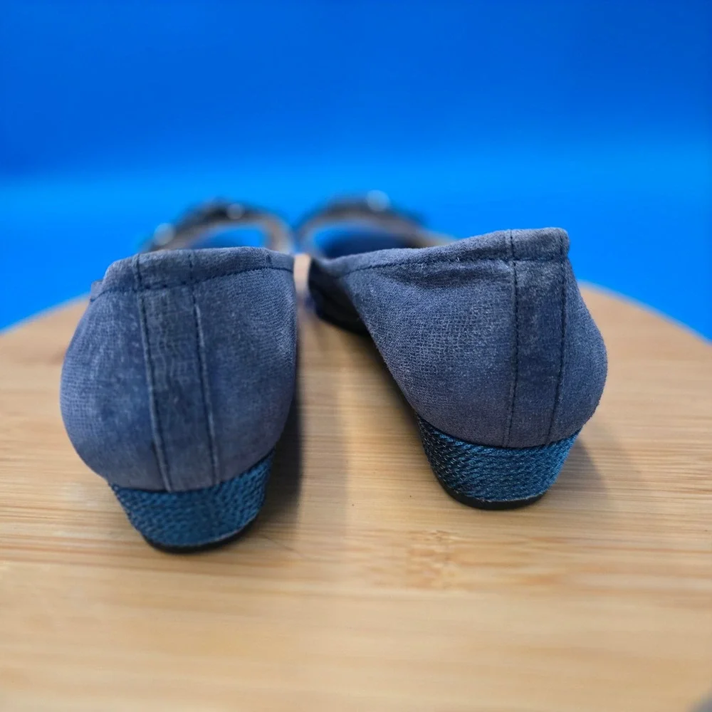 Alex Marie Peep Toe Wedge Flats Embellished Blue‎ Suede Women's Size 8.5M